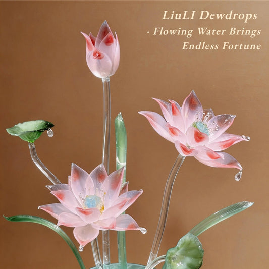 Decorative glass lotus flowers with water droplets on a brown background, featuring text 'LiuLI Dewdrops'.