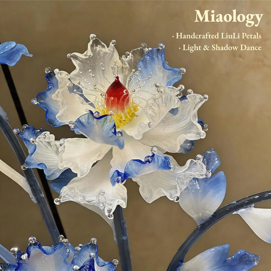 Blue-and-White Lotus Serenity | Liuli Glass Floral Arrangement in Porcelain Vase