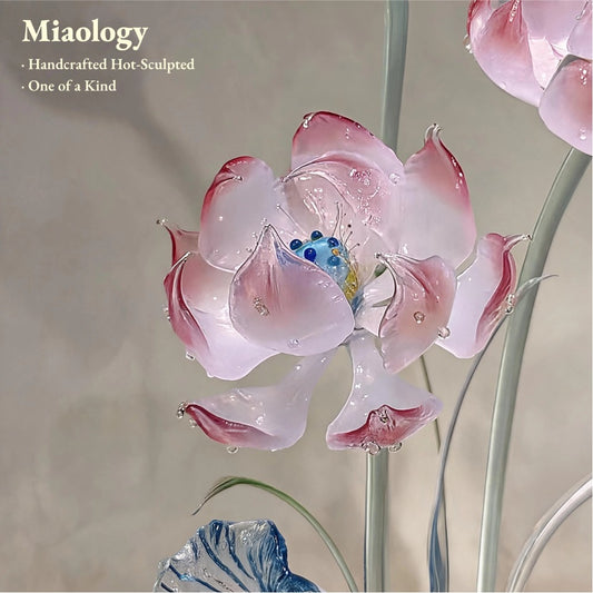 Blooming Pink Liuli Lotus Arrangement – Handcrafted Crystal Glass Lotus Sculpture