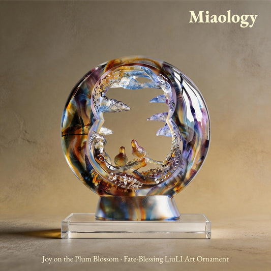 Handcrafted Lost-Wax Liuli “Joy on the Plum Blossom” Sculpture – Circular Crystal Glass Art Ornament with Magpie Pair