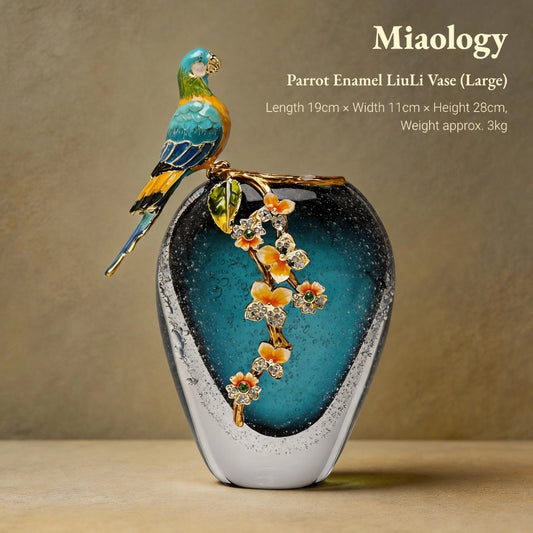 Handcrafted Double-Layer Crystal Glass Vase with Enamel Parrot Pair – Artistic Liuli Décor, Elegant Sculptural Ornament