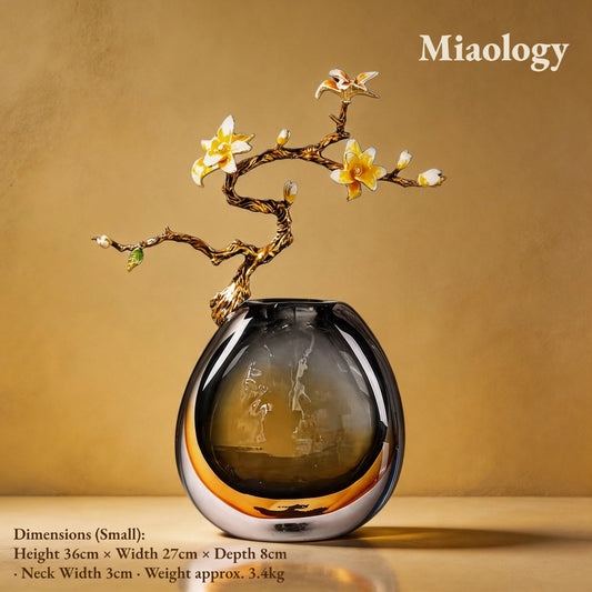 Handcrafted Double-Layer Crystal Glass Vase with Enamel Plum Blossom – Sculptural Liuli Art Décor, Elegant Vase Set (Large & Small)
