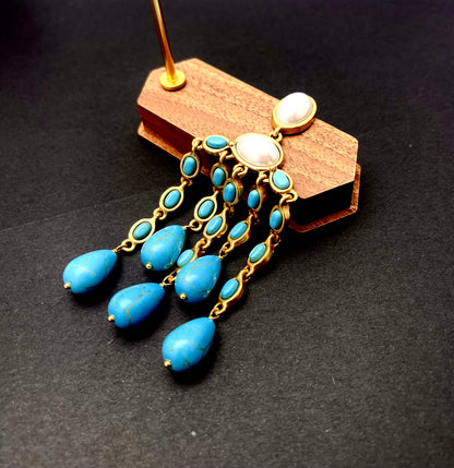 Handmade Turquoise & Gold Teardrop Statement Earrings - Luxury Bohemian Jewelry for Women