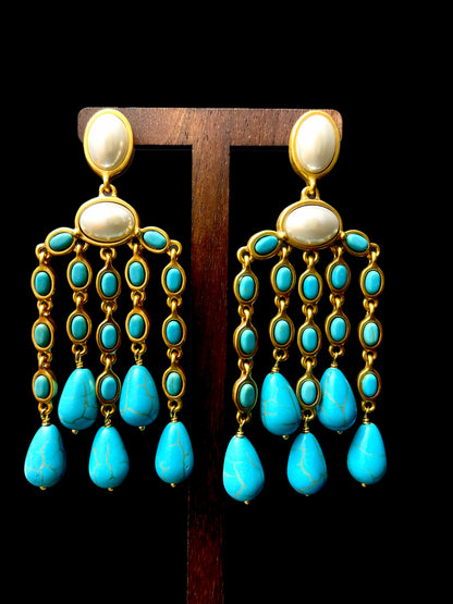 Handmade Turquoise & Gold Teardrop Statement Earrings - Luxury Bohemian Jewelry for Women