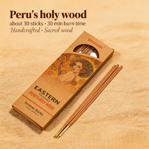 Peru's holy wood incense sticks with packaging on a beige background