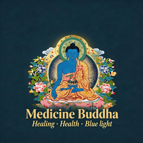 Illustration of Medicine Buddha with floral elements on a dark background