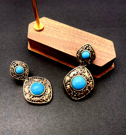 Handcrafted Teal Gemstone & Gold Ornate Earrings - Intricate Vintage Statement Jewelry for Women