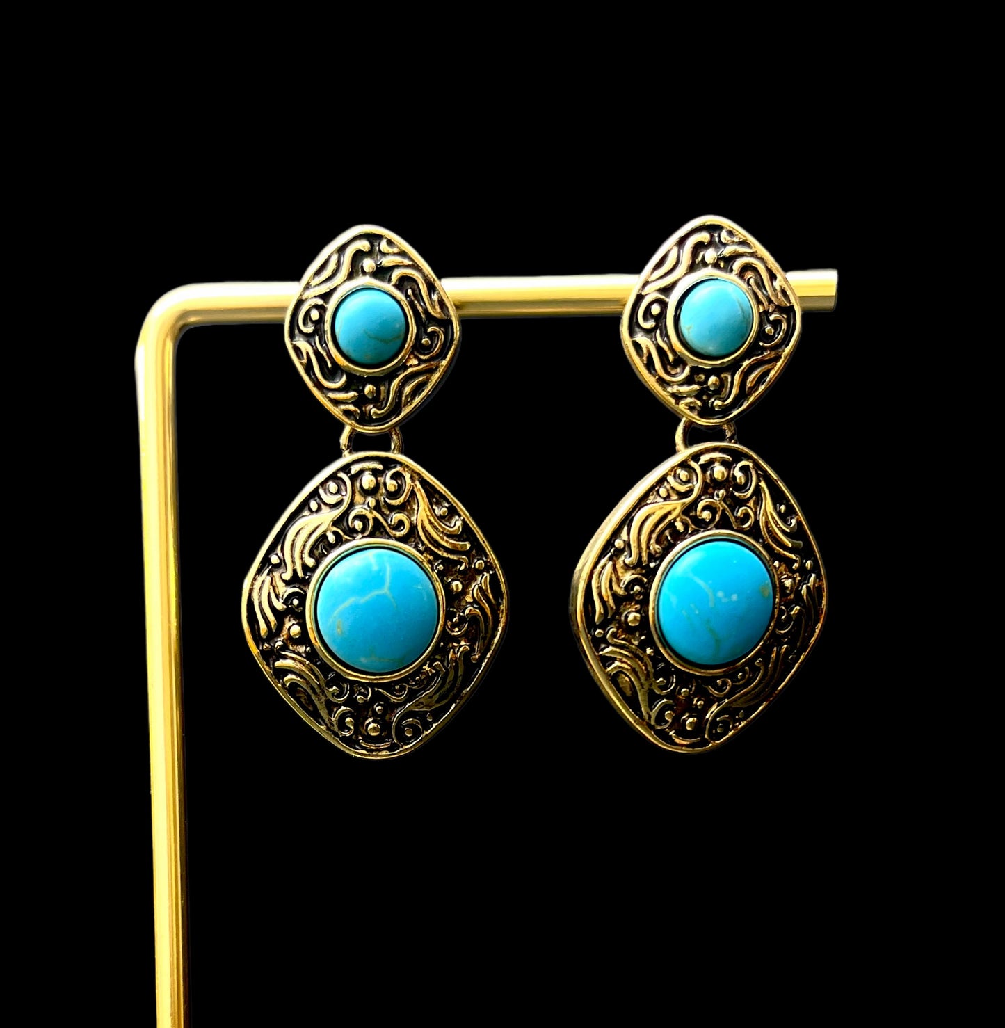 Handcrafted Teal Gemstone & Gold Ornate Earrings - Intricate Vintage Statement Jewelry for Women