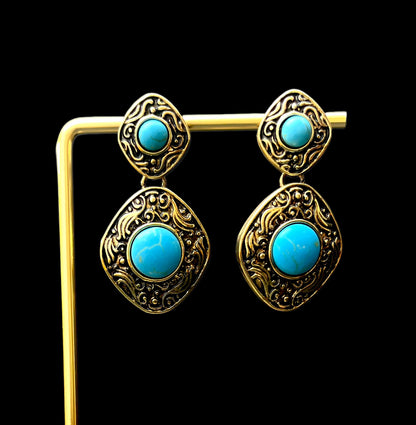 Handcrafted Teal Gemstone & Gold Ornate Earrings - Intricate Vintage Statement Jewelry for Women