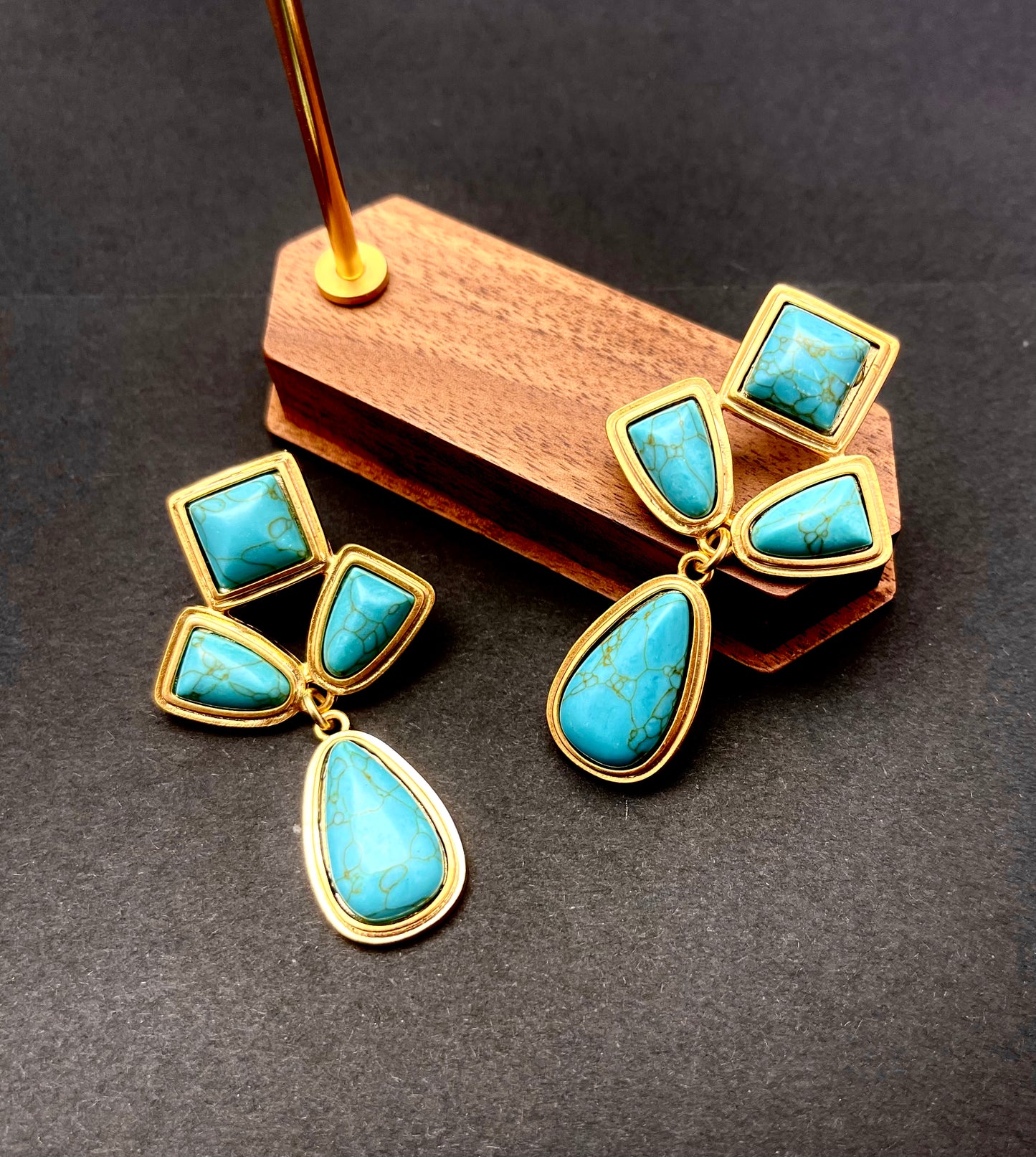 Handmade Multi-Layer Turquoise & Gold Geometric Earrings - Artisan Teardrop Statement Jewelry for Women