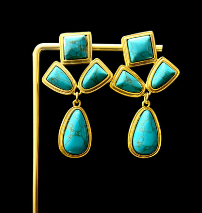 Handmade Multi-Layer Turquoise & Gold Geometric Earrings - Artisan Teardrop Statement Jewelry for Women