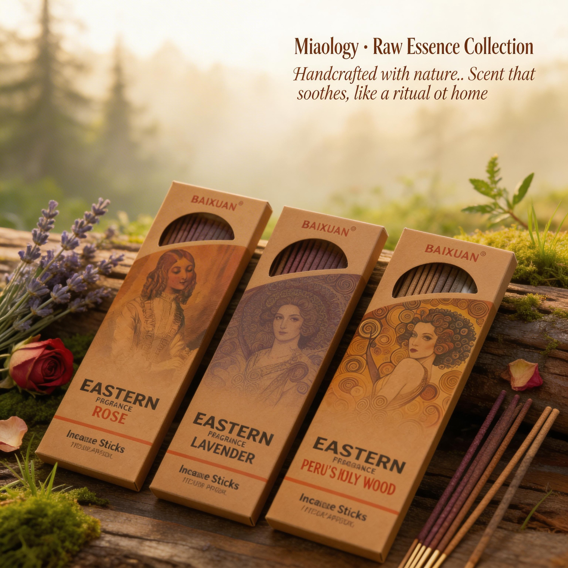 Three packages of Miaologia Raw Essence Collection incense sticks on a wooden surface with nature in the background.
