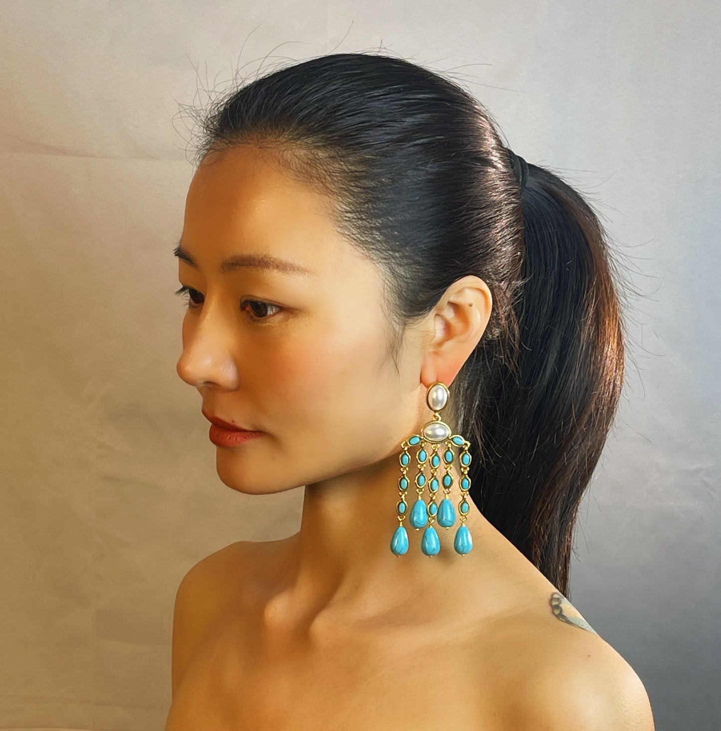 Handmade Turquoise & Gold Teardrop Statement Earrings - Luxury Bohemian Jewelry for Women