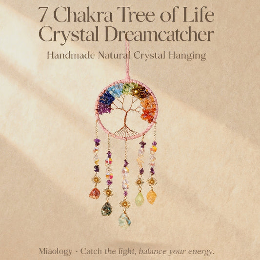 7 Chakra Tree of Life Crystal Dreamcatcher with colorful beads on a beige background
