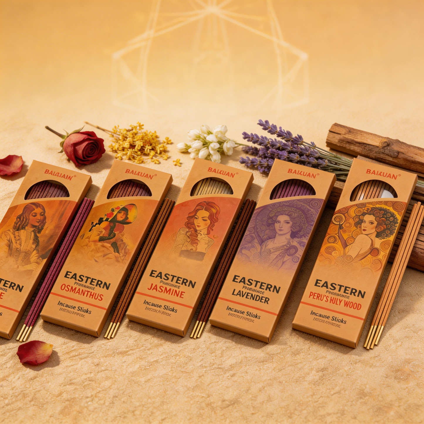 Set of incense stick packages with artistic illustrations on a warm-toned background.