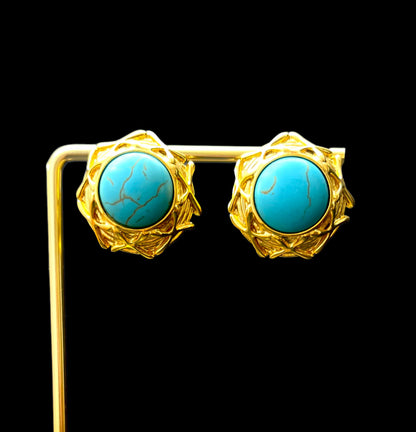 Genuine Turquoise & Gold Statement Earrings - Handcrafted Luxury Jewelry with Intricate Metalwork