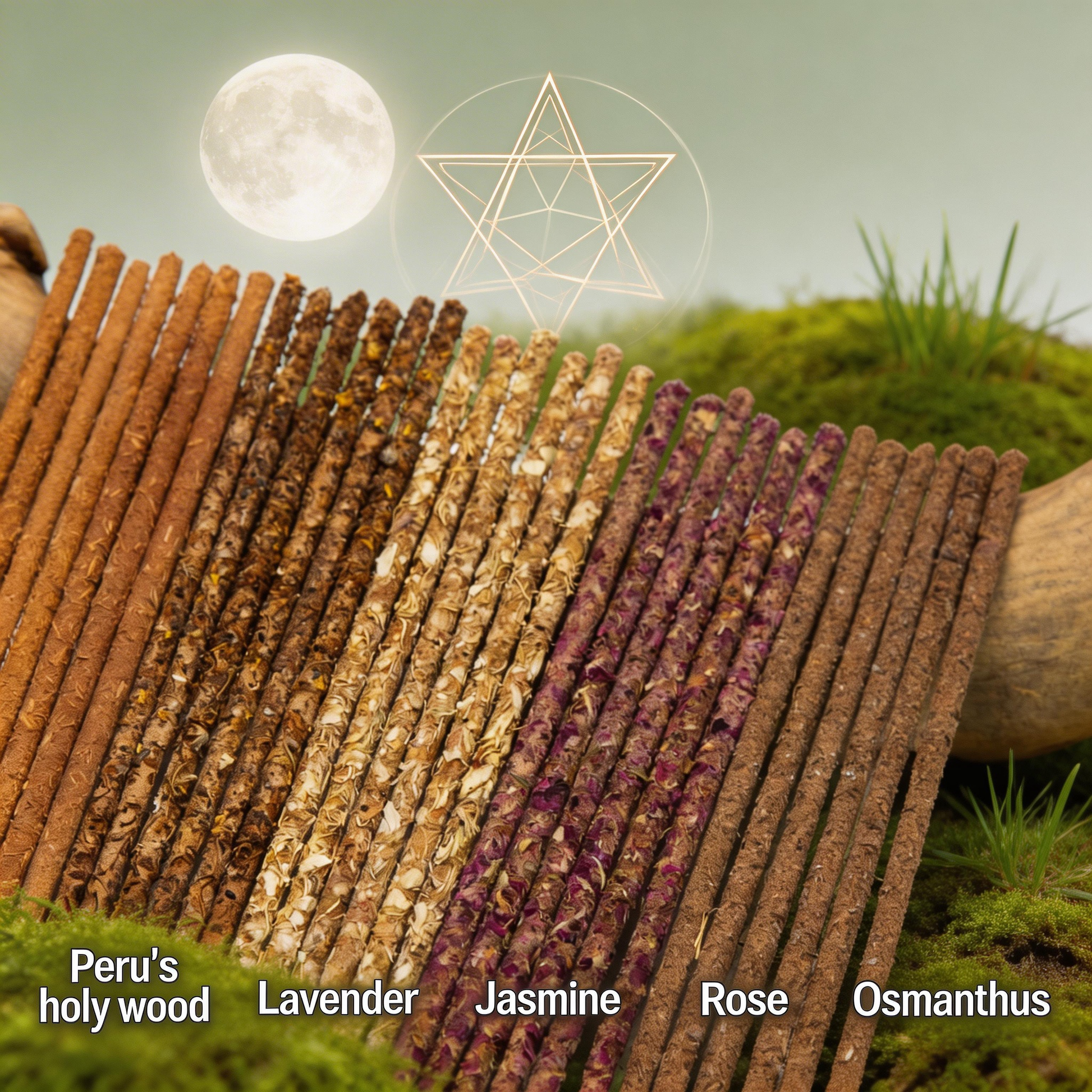Incense sticks with labels for 'Peru's holy wood', 'Lavender', 'Jasmine', 'Rose', and 'Osmannthus' against a natural background.