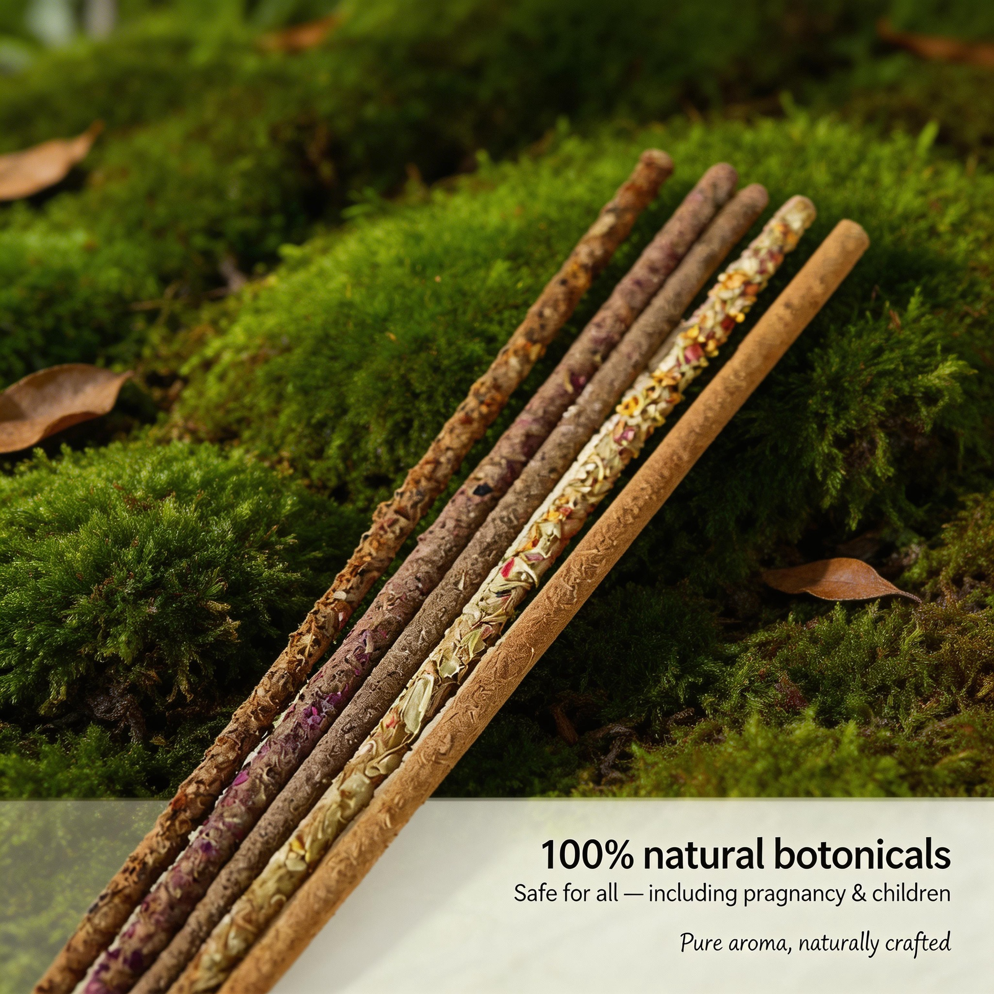 Three sticks of natural botanicals on a moss background with text about safety and purity.