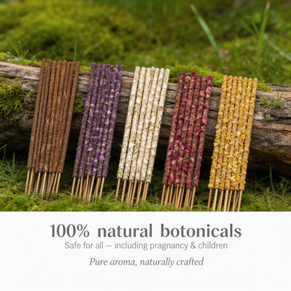Five incense sticks of different colors on a log with grass in the background, labeled as 100% natural botanicals.