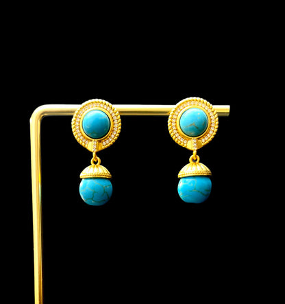 Handcrafted Turquoise & Gold Dangle Earrings with Diamond Accents - Luxury Statement Jewelry for Women