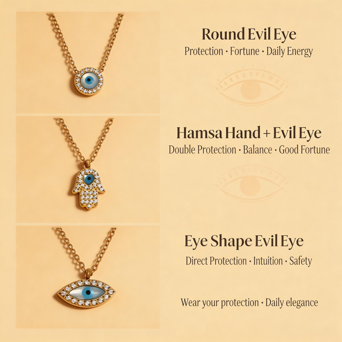 Evil Eye & Hama Hand Protection Necklace Set - Sacred Energy Jewelry for Fortune & Good Luck