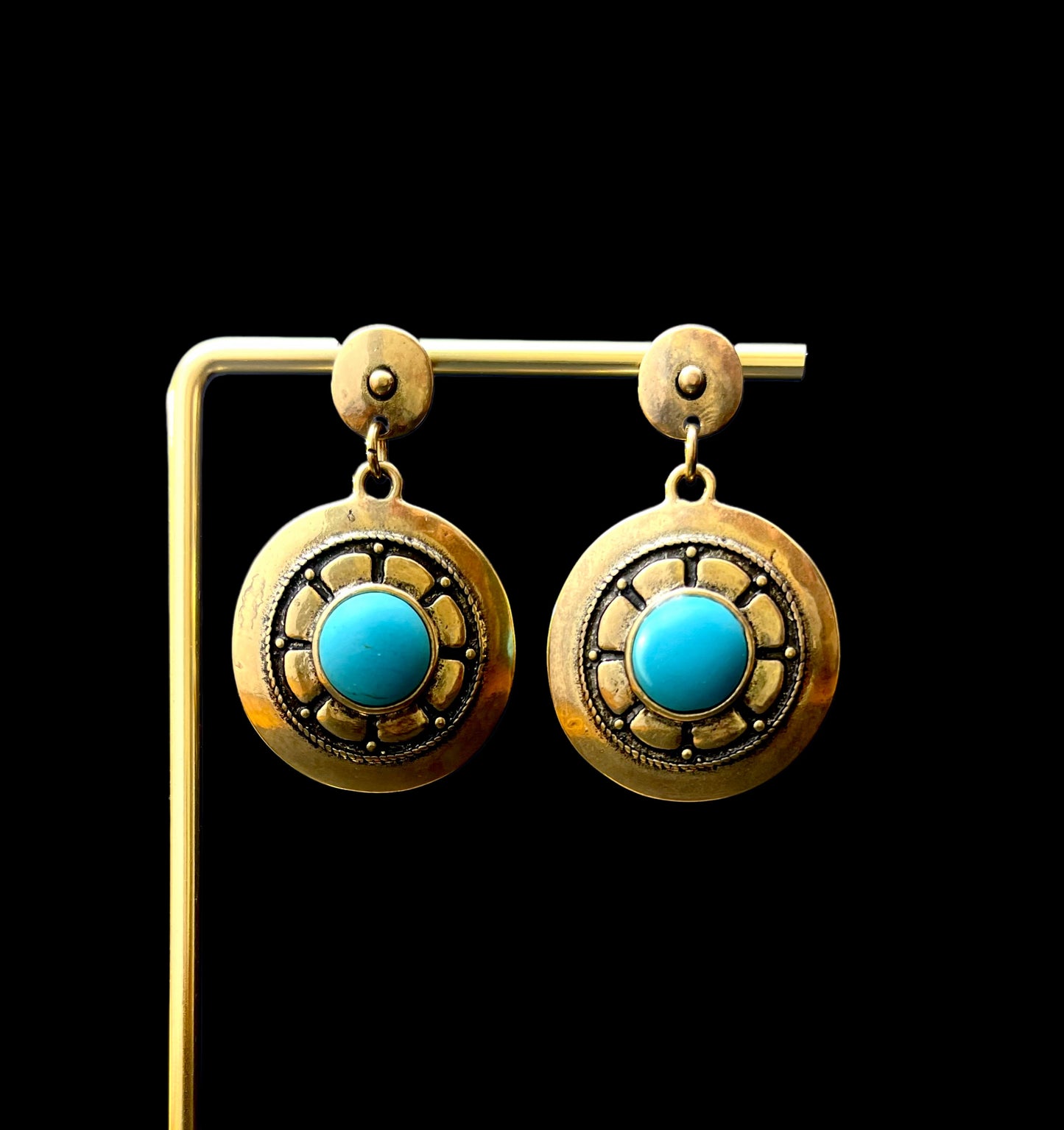 Handcrafted Turquoise & Bronze Metal Earrings - Elegant Vintage Statement Jewelry for Women