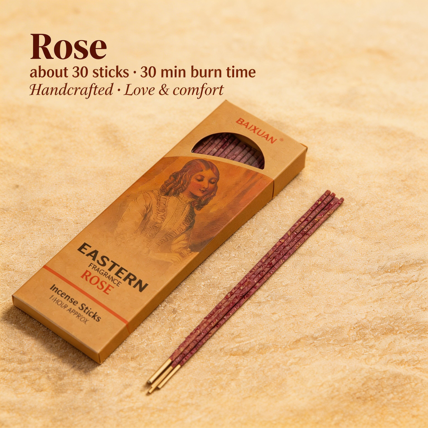 Box of Eastern Rose incense sticks with a single stick on a beige background