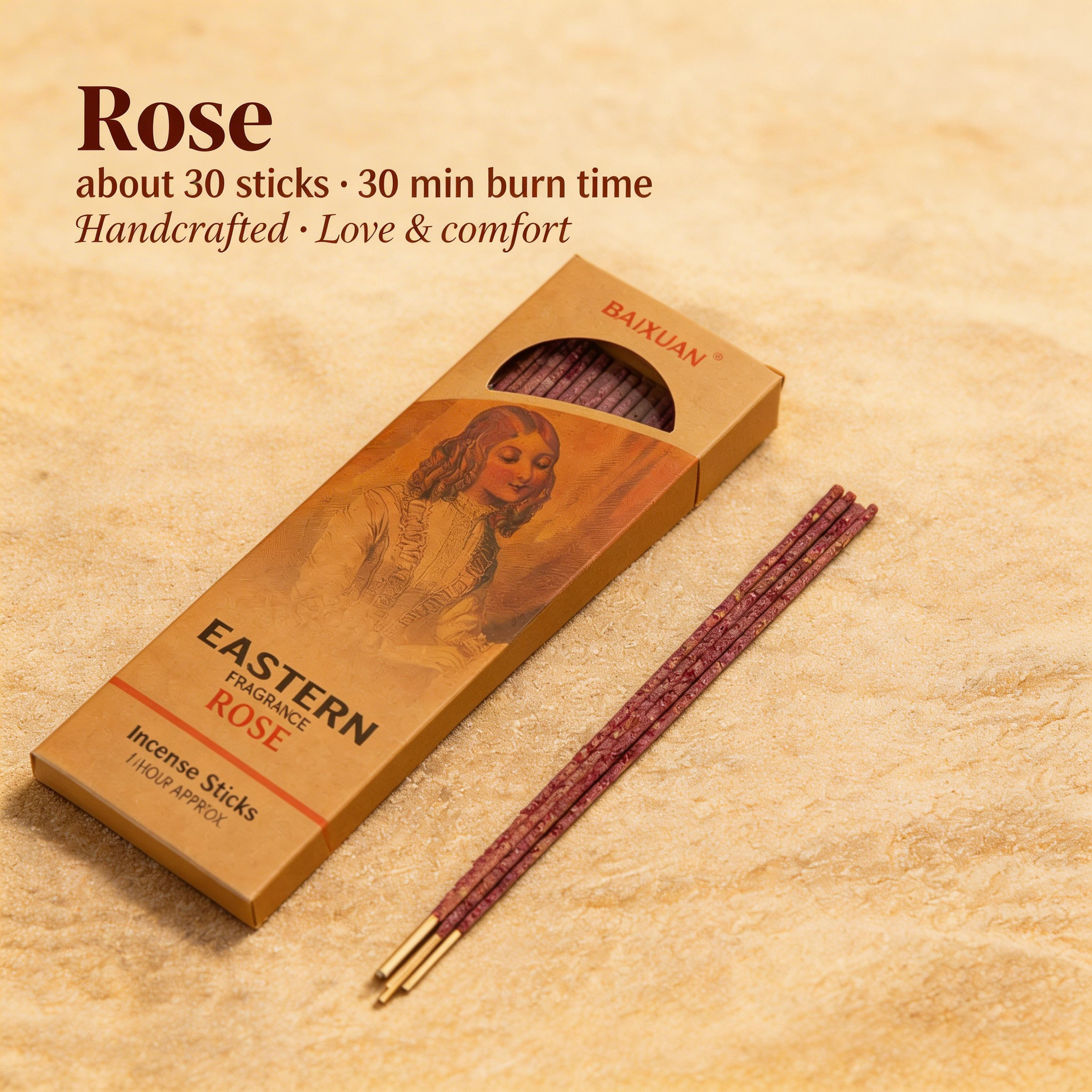 Box of Eastern Rose incense sticks with a single stick on a beige background