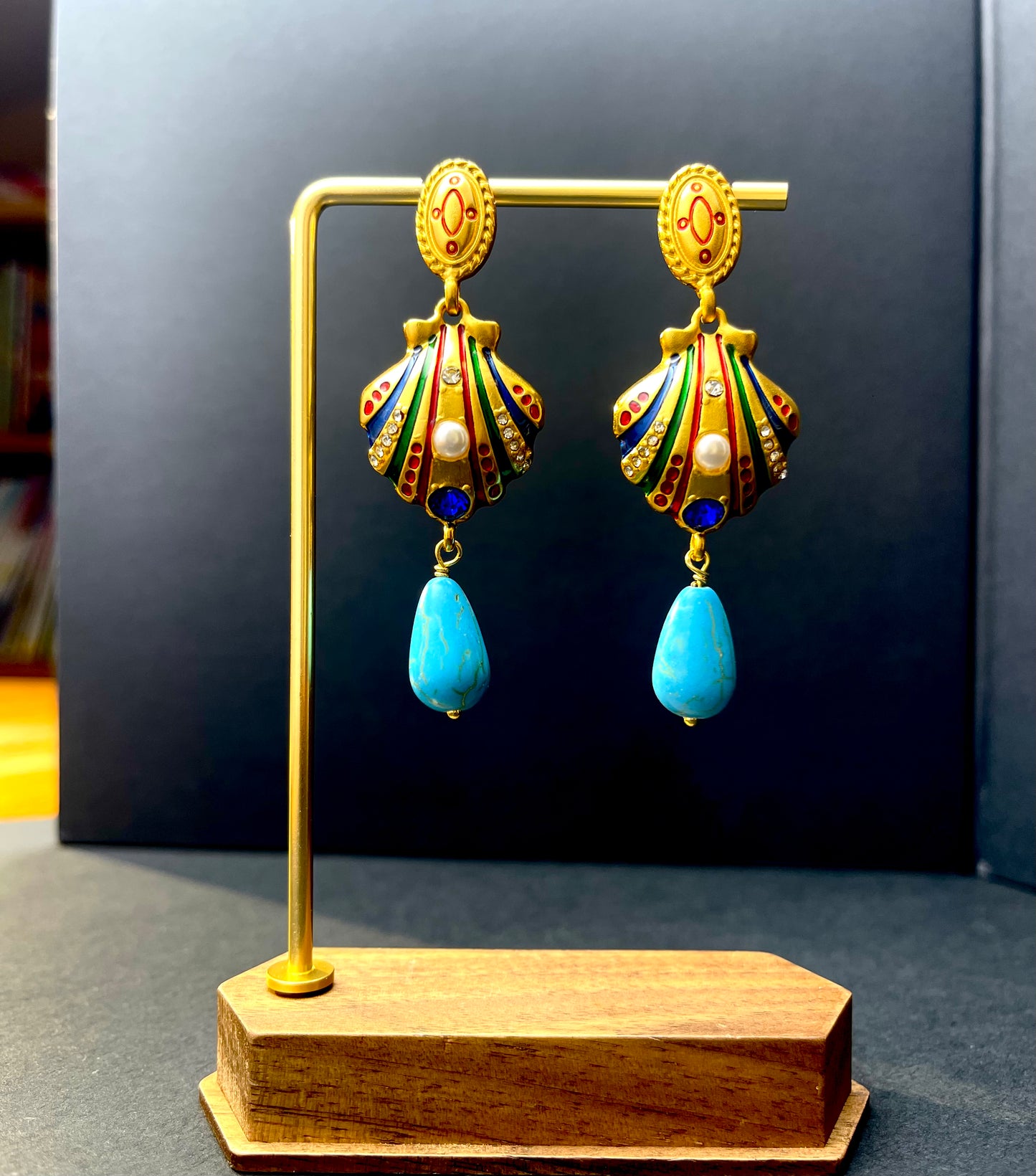 Handcrafted Turquoise & Gold Metal Dangle Earrings - Shell Inspired Elegant Statement Jewelry for Women