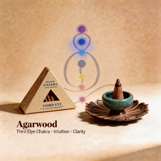 Agarwood incense set with packaging and cone on a beige background