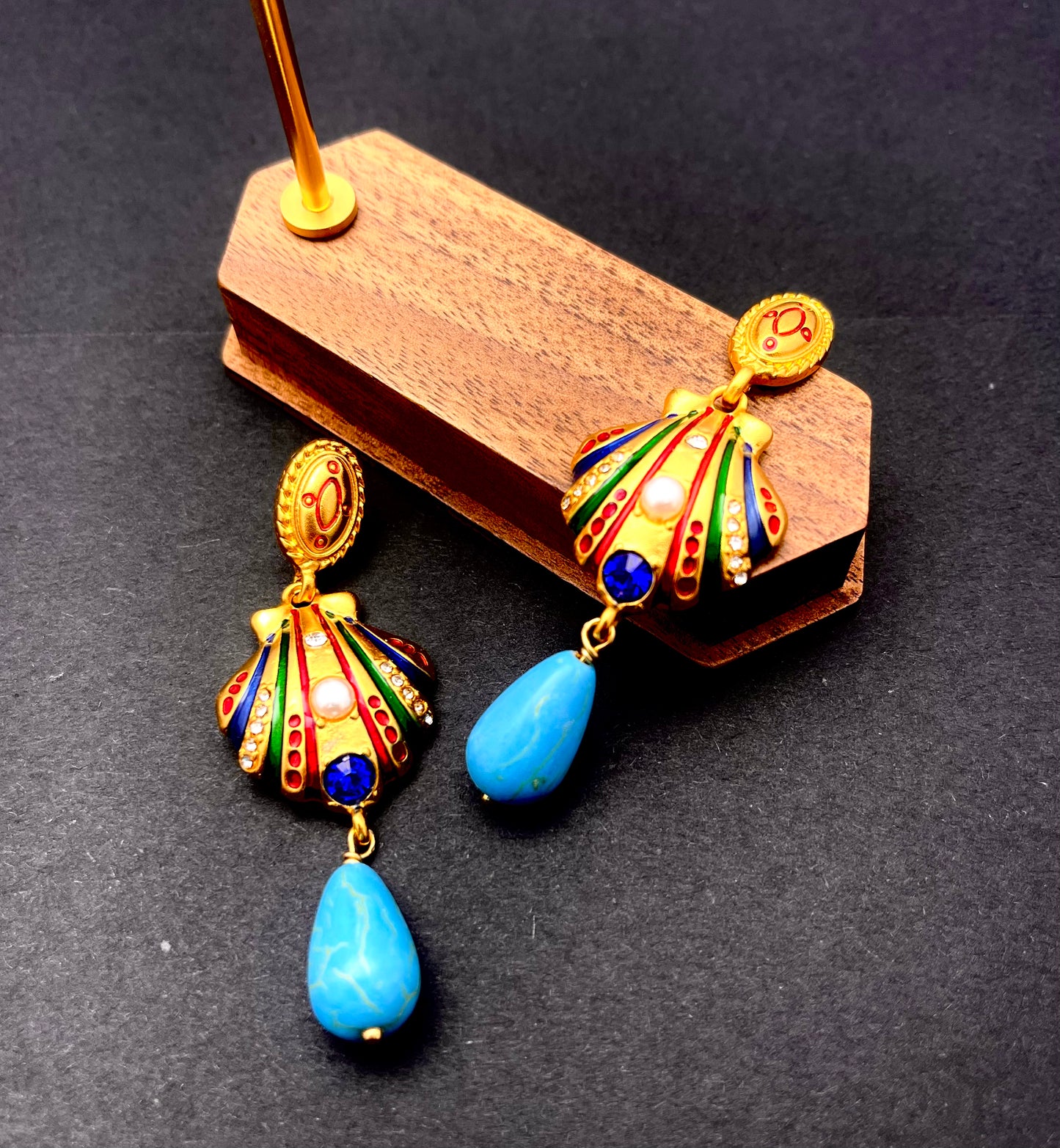 Handcrafted Turquoise & Gold Metal Dangle Earrings - Shell Inspired Elegant Statement Jewelry for Women