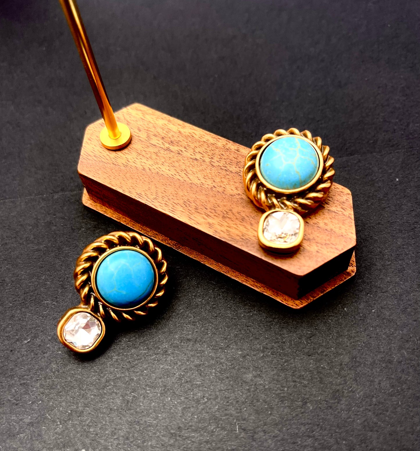 Handcrafted Blue-Green Turquoise & Gold Drop Earrings with Crystal Accents - Elegant Statement Jewelry for Women