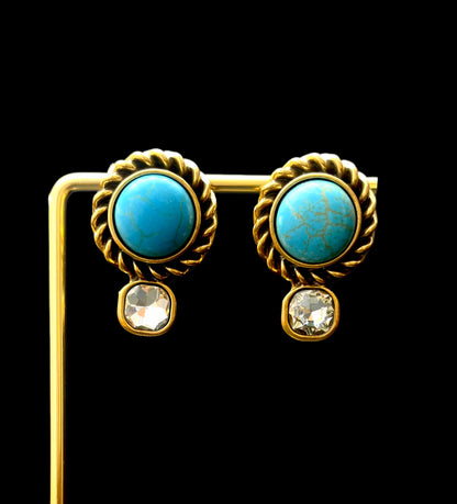 Handcrafted Blue-Green Turquoise & Gold Drop Earrings with Crystal Accents - Elegant Statement Jewelry for Women