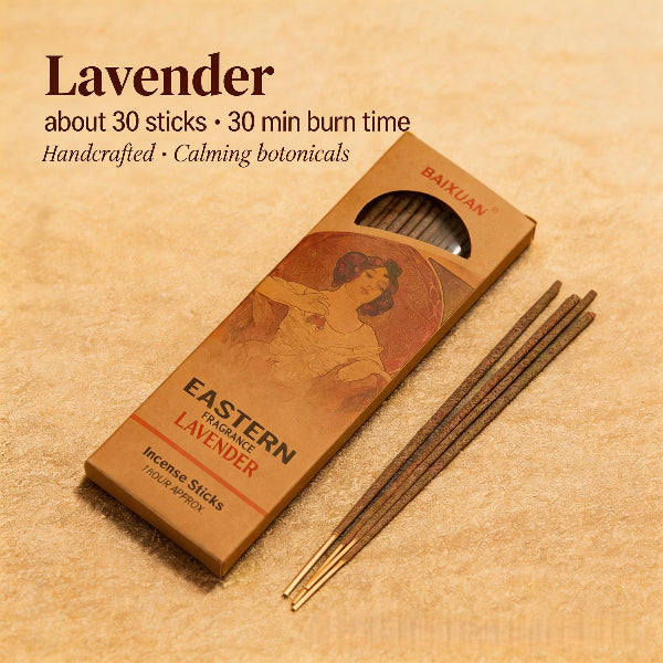 Box of Eastern Lavender incense sticks with incense sticks on a beige background