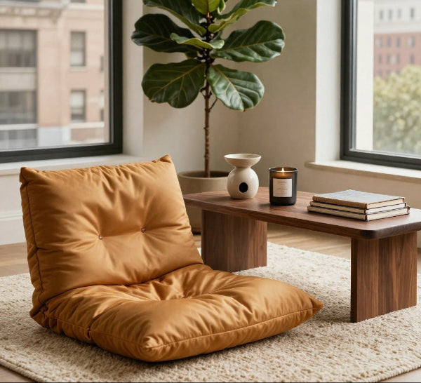 Brown floor pillow in a room with a plant and wooden table.
