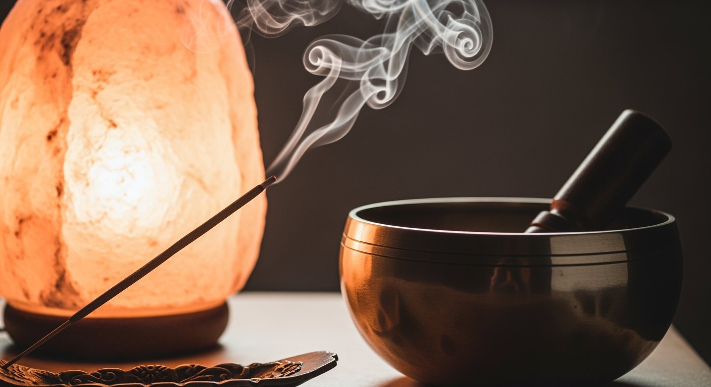 Incense stick burning next to a singing bowl with a dark background