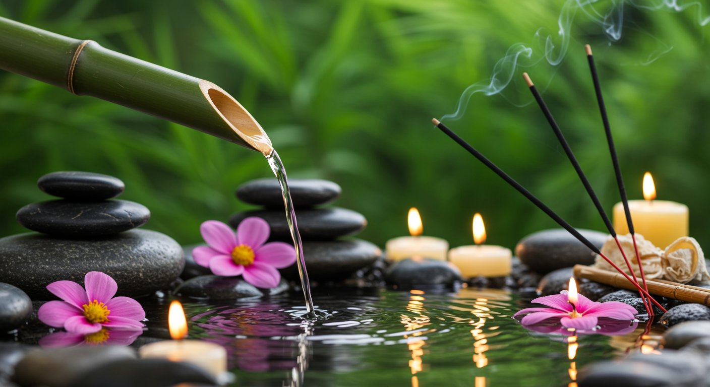 Tea being poured over stones with flowers and candles on a blurred green background