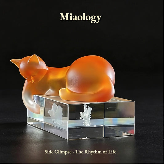 Cat-shaped amber figurine on a clear base with 'Miaology' branding.