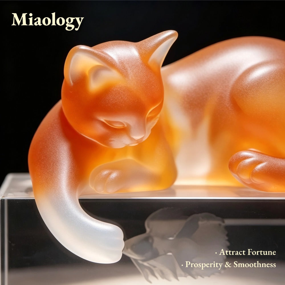 Glass cat figurine with 'Miaology' branding on a black background