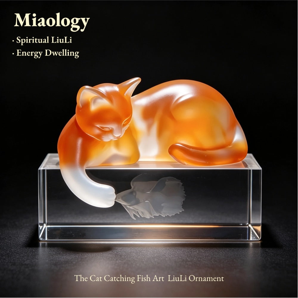 Glass cat ornament on a clear base with 'Miaology' branding on a dark background