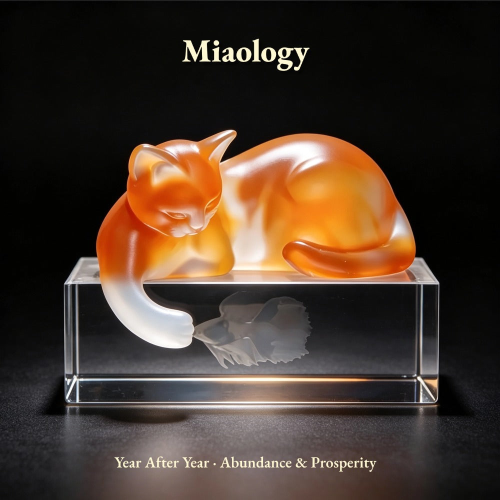 Glass cat figurine on a clear base with 'Miaology' branding and product description.