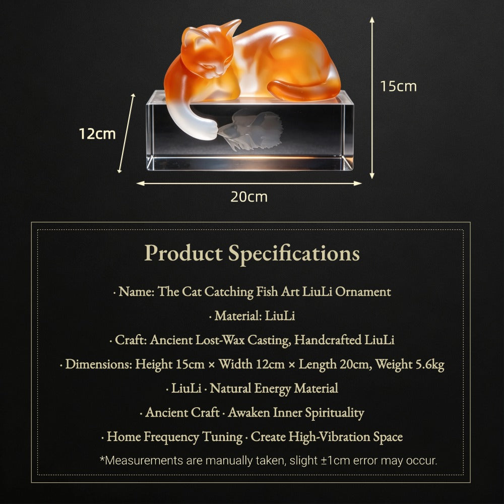 Cat catching fish art ornament with dimensions and product specifications on a black background