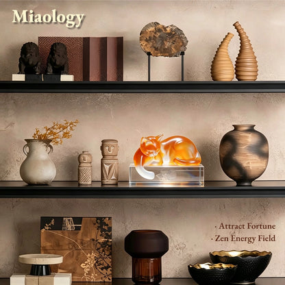 Decorative shelves with various items and a glowing cat-shaped lamp, featuring the brand 'Miaology'.