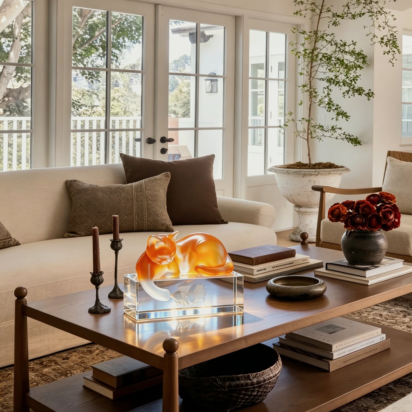 Living room with a coffee table featuring a decorative item, books, and candles.