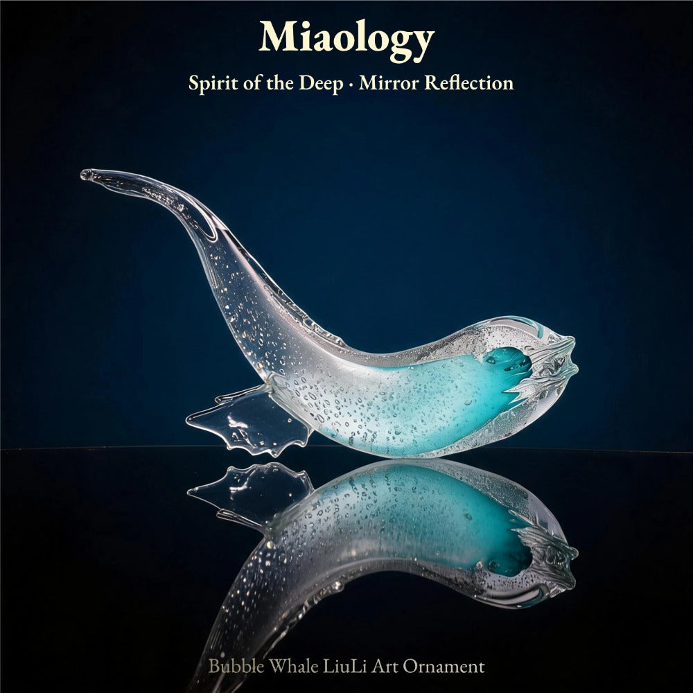 Handcrafted Double-Layer Liuli Whale Pair Sculpture – Golden & Ocean Blue Crystal Glass Art Ornament
