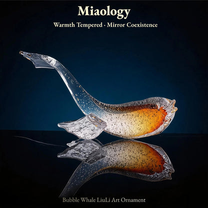 Handcrafted Double-Layer Liuli Whale Pair Sculpture – Golden & Ocean Blue Crystal Glass Art Ornament