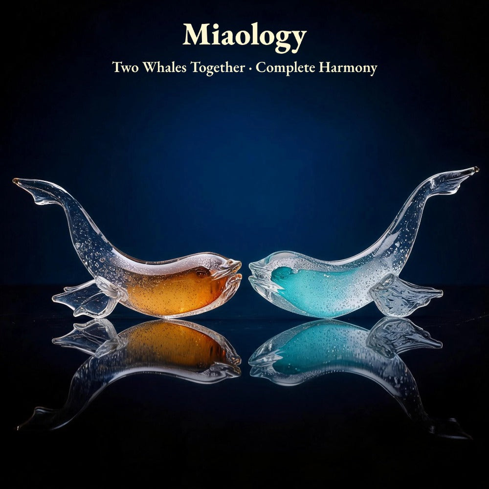 Handcrafted Double-Layer Liuli Whale Pair Sculpture – Golden & Ocean Blue Crystal Glass Art Ornament