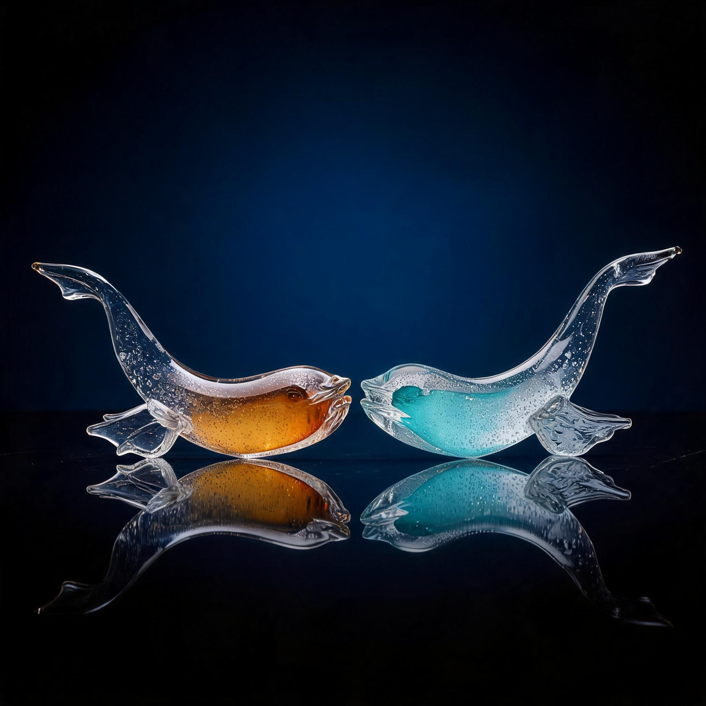 Handcrafted Double-Layer Liuli Whale Pair Sculpture – Golden & Ocean Blue Crystal Glass Art Ornament