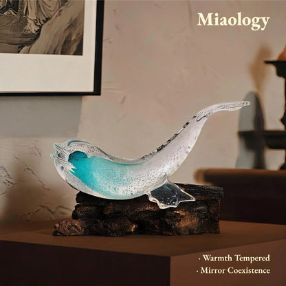 Handcrafted Double-Layer Liuli Whale Pair Sculpture – Golden & Ocean Blue Crystal Glass Art Ornament