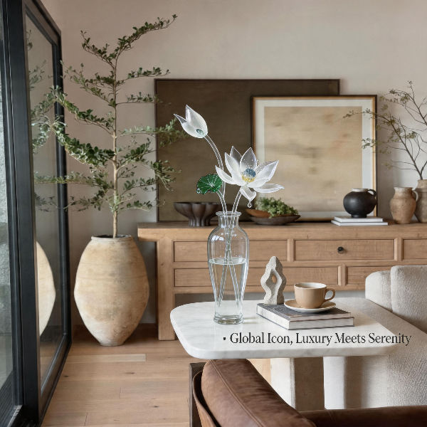 Living room with a vase of glass flowers, coffee cup, and decor items on a table.